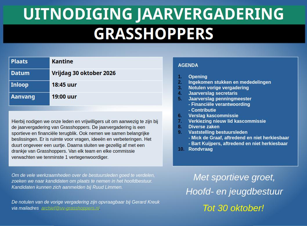 Jaarvergadering 30 oktober om 19.00 uur
